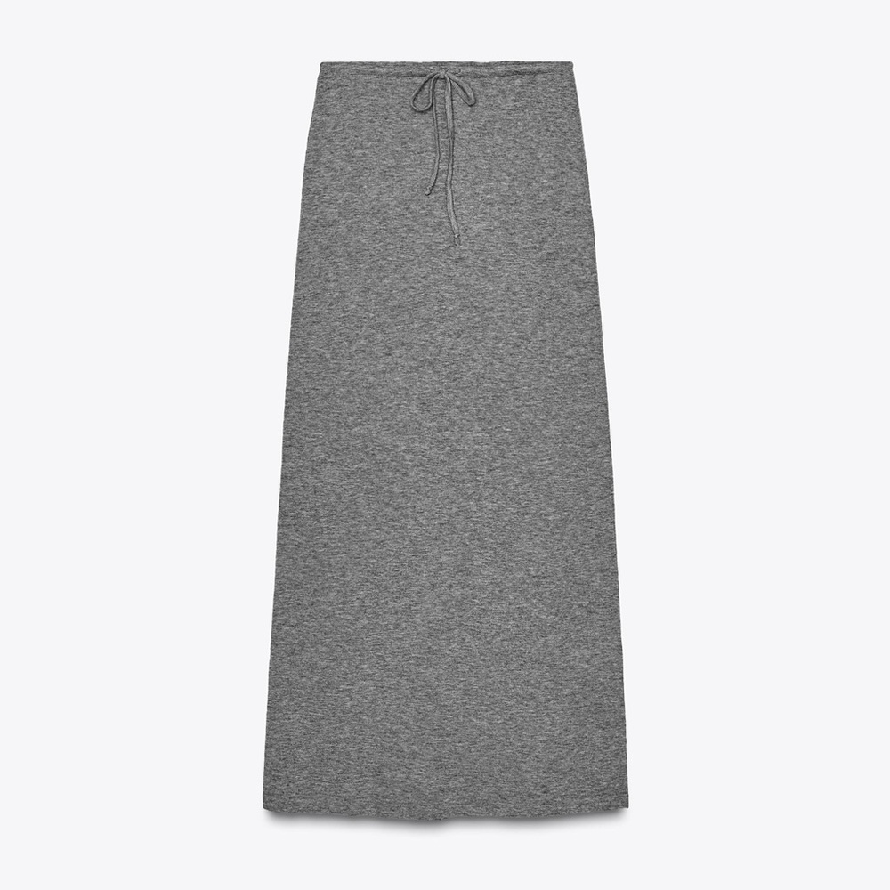 ZARA MERINO WOOL KNIT DRAWSTRING MIDI SKIRT LIGHTWEIGHT NEUTRAL Gray M